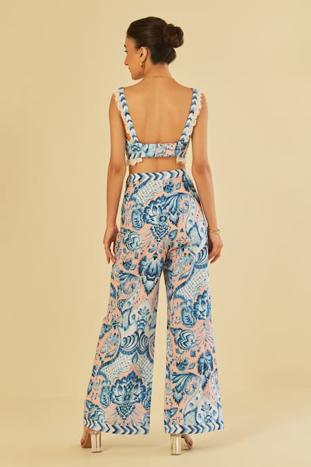 Shop Sage Saga Pink Poplin Embroidery Sweetheart Neck Rosa Botanic Pattern Bustier With Pant at Aza Fashions Shop_Sage Saga_Pink Poplin Embroidery Sweetheart Neck Rosa Botanic Pattern Bustier With Pant _at_Aza_Fashions