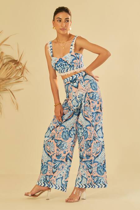 Buy Sage Saga Pink Poplin Embroidery Sweetheart Neck Rosa Botanic Pattern Bustier With Pant Buy_Sage Saga_Pink Poplin Embroidery Sweetheart Neck Rosa Botanic Pattern Bustier With Pant