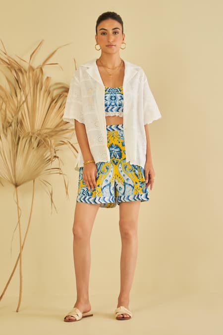 Sage Saga Yellow Poplin Embellished Floral Shirt Gailla Pattern Shorts Set With Schiffli 