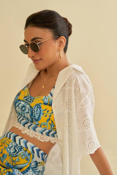 Buy_Sage Saga_Yellow Poplin Embroidery Floral Pattern Shorts Set With Schiffli Shirt 