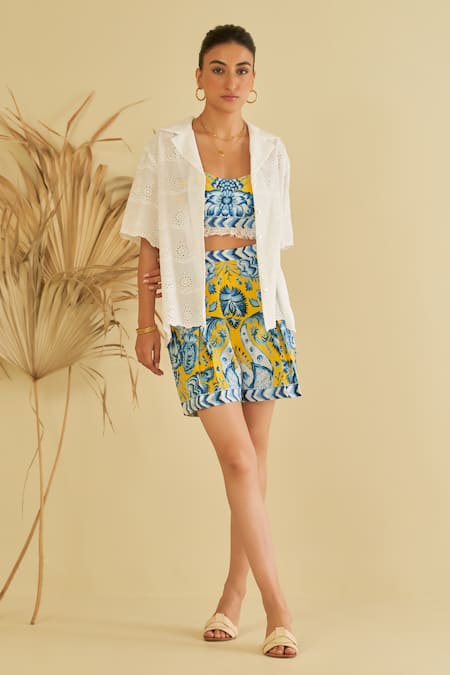 Sage Saga Yellow Poplin Embellished Gailla Pattern Shorts With Schiffli Shirt 