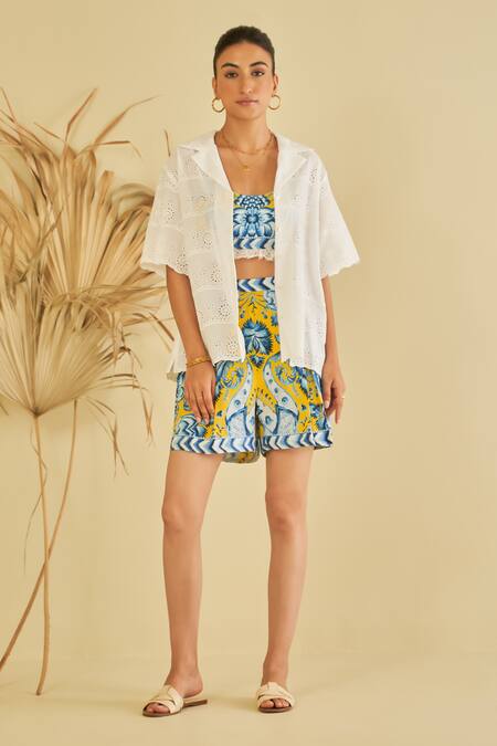Sage Saga_Yellow Poplin, Chiffon Gailla Floral Pattern Shorts With Schiffli Shirt _Online_at_Aza_Fashions