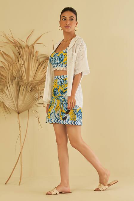 Sage Saga_Yellow Poplin, Chiffon Gailla Floral Pattern Shorts With Schiffli Shirt _at_Aza_Fashions