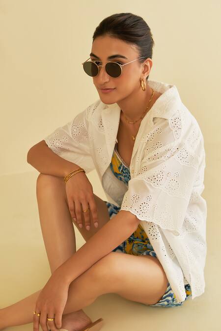 Buy_Sage Saga_Yellow Poplin, Chiffon Gailla Floral Pattern Shorts With Schiffli Shirt 