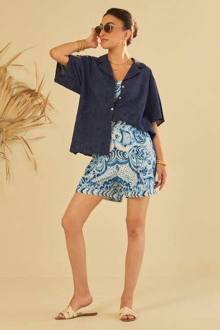 Sage Saga Blue Poplin, Chiffon Embroidery, Lace Floral Schiffli Shirt And Bustier Shorts Set Online at Aza Fashions Sage Saga_Blue Poplin, Chiffon Embroidery, Lace Floral Schiffli Shirt And Bustier Shorts Set _Online_at_Aza_Fashions