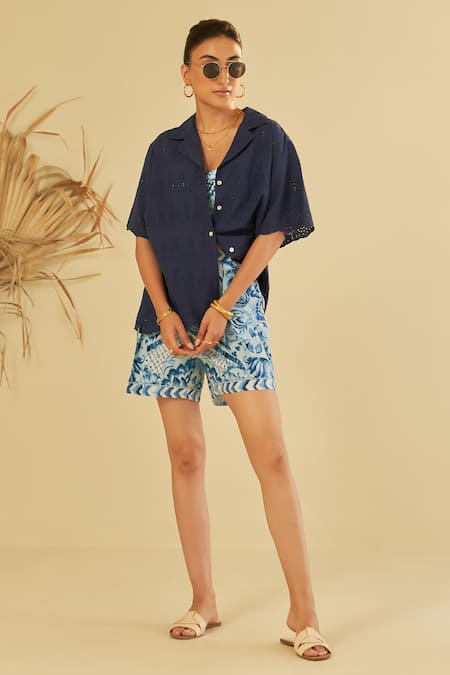 Shop Sage Saga Blue Poplin, Chiffon Embroidery, Lace Floral Schiffli Shirt And Bustier Shorts Set Online at Aza Fashions Shop_Sage Saga_Blue Poplin, Chiffon Embroidery, Lace Floral Schiffli Shirt And Bustier Shorts Set _Online_at_Aza_Fashions