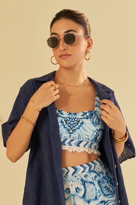 Buy Sage Saga Blue Poplin, Chiffon Embroidery, Lace Floral Schiffli Shirt And Bustier Shorts Set Buy_Sage Saga_Blue Poplin, Chiffon Embroidery, Lace Floral Schiffli Shirt And Bustier Shorts Set