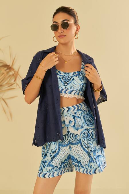 Sage Saga_Blue Poplin, Chiffon Embroidery Collared Schiffli Pattern Shirt With Shorts _at_Aza_Fashions