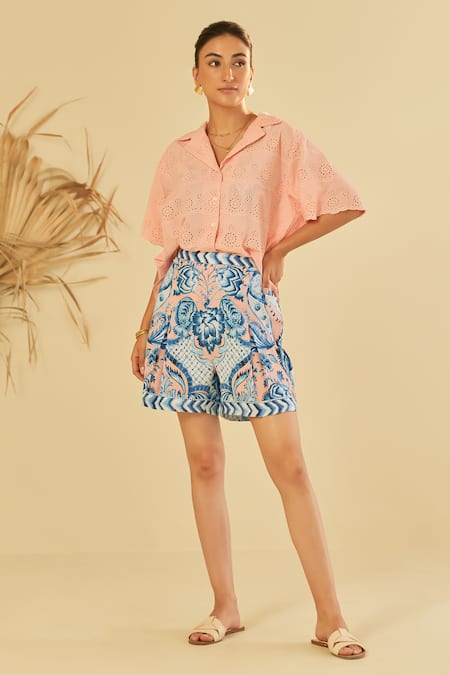 Sage Saga Pink Poplin Embellished Pesca Schiffli Pattern Shirt Shorts Set 