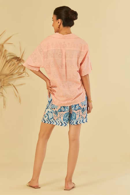 Shop Sage Saga Pink Poplin, Cotton Embroidery, Pesca Floral Schiffli Pattern Shirt Shorts Set at Aza Fashions Shop_Sage Saga_Pink Poplin, Cotton Embroidery, Pesca Floral Schiffli Pattern Shirt Shorts Set _at_Aza_Fashions