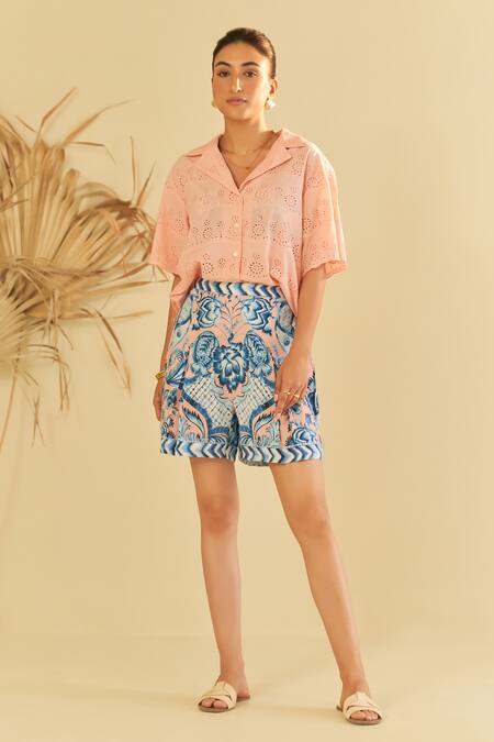 Sage Saga Pink Poplin, Cotton Embroidery, Pesca Floral Schiffli Pattern Shirt Shorts Set Online at Aza Fashions Sage Saga_Pink Poplin, Cotton Embroidery, Pesca Floral Schiffli Pattern Shirt Shorts Set _Online_at_Aza_Fashions