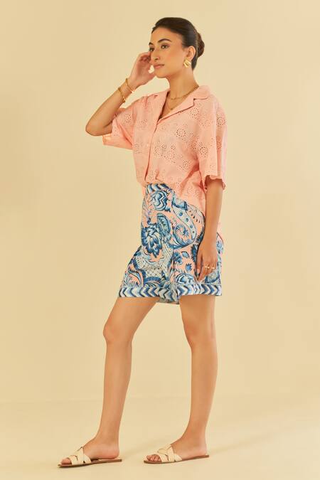 Shop Sage Saga Pink Poplin, Cotton Embroidery, Pesca Floral Schiffli Pattern Shirt Shorts Set Online at Aza Fashions Shop_Sage Saga_Pink Poplin, Cotton Embroidery, Pesca Floral Schiffli Pattern Shirt Shorts Set _Online_at_Aza_Fashions