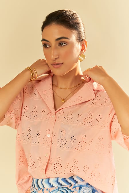 Buy Sage Saga Pink Poplin, Cotton Embroidery, Pesca Floral Schiffli Pattern Shirt Shorts Set Buy_Sage Saga_Pink Poplin, Cotton Embroidery, Pesca Floral Schiffli Pattern Shirt Shorts Set