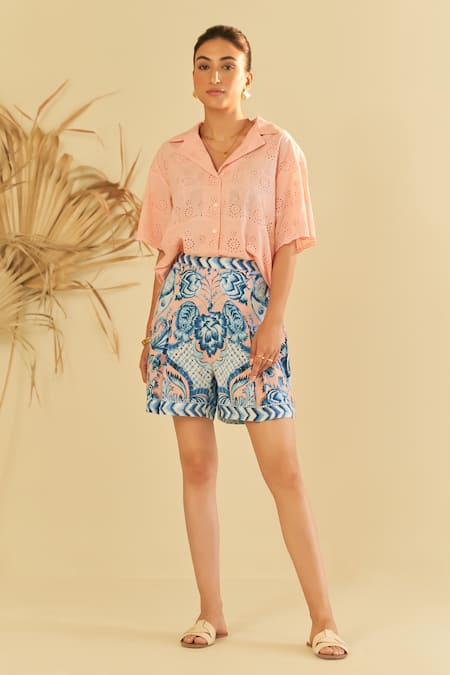 Sage Saga Pink Poplin Embellished Pesca Schiffli Pattern Shirt With Shorts 