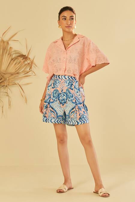 Shop Sage Saga Pink Poplin, Chiffon Embroidery Pesca Floral Schiffli Pattern Shirt With Shorts Online at Aza Fashions Shop_Sage Saga_Pink Poplin, Chiffon Embroidery Pesca Floral Schiffli Pattern Shirt With Shorts _Online_at_Aza_Fashions