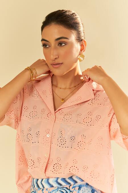 Buy Sage Saga Pink Poplin, Chiffon Embroidery Pesca Floral Schiffli Pattern Shirt With Shorts Buy_Sage Saga_Pink Poplin, Chiffon Embroidery Pesca Floral Schiffli Pattern Shirt With Shorts