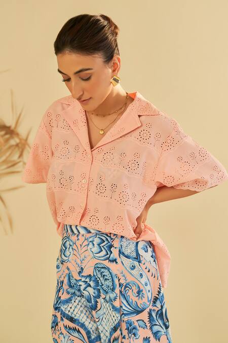 Shop Sage Saga Pink Poplin, Chiffon Embroidery Pesca Floral Schiffli Pattern Shirt With Shorts Shop_Sage Saga_Pink Poplin, Chiffon Embroidery Pesca Floral Schiffli Pattern Shirt With Shorts
