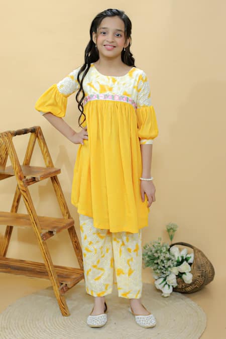 Kalp Yellow Kurta Cotton Hakoba And Dainty Dusk Anarkali & Pant Set  