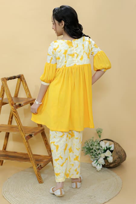 Shop Kalp Yellow Cotton, Georgette Embroidery Dainty Dusk Anarkali And Pant Set at Aza Fashions Shop_Kalp_Yellow Cotton, Georgette Embroidery Dainty Dusk Anarkali And Pant Set _at_Aza_Fashions