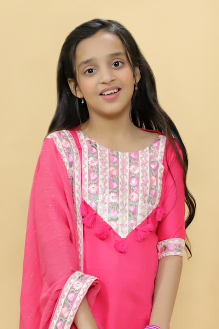 Kalp_Pink Cotton, Georgette, Lurex Embroidery, Tassels Peony Parade Sharara Set _Online_at_Aza_Fashions