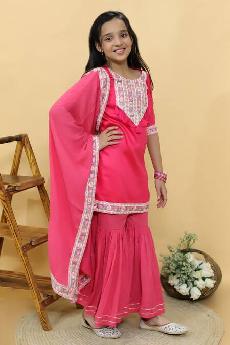 Shop_Kalp_Pink Cotton, Georgette, Lurex Embroidery, Tassels Peony Parade Sharara Set _Online_at_Aza_Fashions