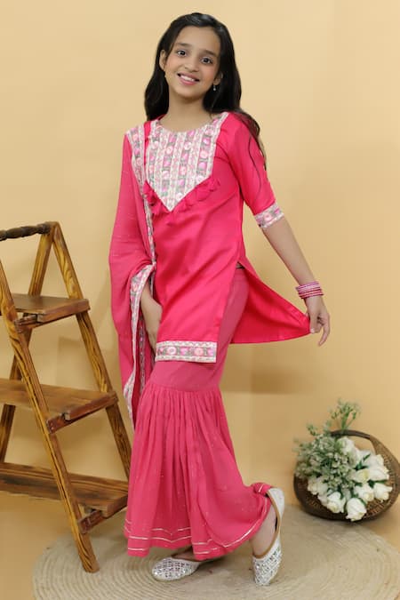 Kalp_Pink Cotton, Georgette, Lurex Embroidery, Tassels Peony Parade Sharara Set _at_Aza_Fashions