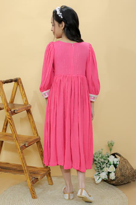 Shop_Kalp_Pink Georgette, Cotton Embroidery Dahlia Dream Dress _at_Aza_Fashions