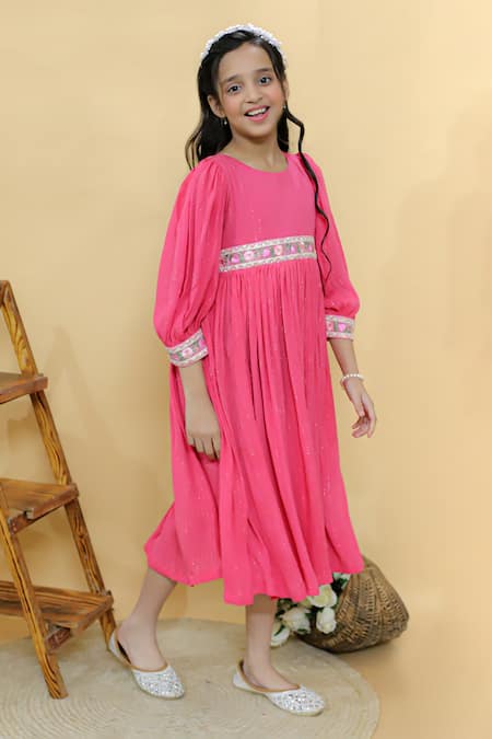 Kalp_Pink Georgette, Cotton Embroidery Dahlia Dream Dress _Online_at_Aza_Fashions