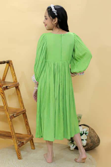 Shop Kalp Green Georgette, Cotton Lace Celestial Twirl Embroidered Dress at Aza Fashions Shop_Kalp_Green Georgette, Cotton Lace Celestial Twirl Embroidered Dress _at_Aza_Fashions