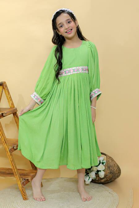 Kalp Green Georgette, Cotton Lace Celestial Twirl Embroidered Dress Online at Aza Fashions Kalp_Green Georgette, Cotton Lace Celestial Twirl Embroidered Dress _Online_at_Aza_Fashions