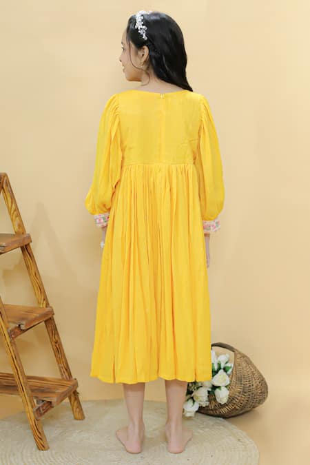 Shop_Kalp_Yellow Georgette, Cotton Embroidery Sunny Twirl Dress _at_Aza_Fashions
