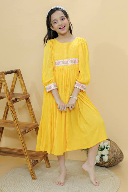 Kalp_Yellow Georgette, Cotton Embroidery Sunny Twirl Dress _Online_at_Aza_Fashions