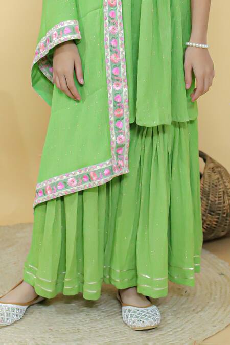 Kalp_Green Cotton, Georgette, Lurex Embroidery Sparkling Kurta Sharara Set _Online_at_Aza_Fashions