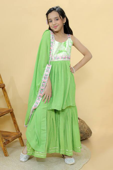 Buy_Kalp_Green Cotton, Georgette, Lurex Embroidery Sparkling Kurta Sharara Set _Online_at_Aza_Fashions