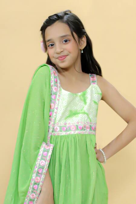 Shop_Kalp_Green Cotton, Georgette, Lurex Embroidery Sparkling Kurta Sharara Set _Online_at_Aza_Fashions