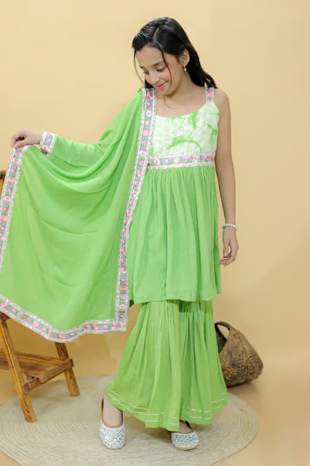 Kalp_Green Cotton, Georgette, Lurex Embroidery Sparkling Kurta Sharara Set _at_Aza_Fashions