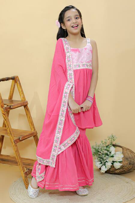 Shop Kalp Pink Cotton, Georgette, Lurex Embroidery Starlight Symphony Kurta Sharara Set Online at Aza Fashions Shop_Kalp_Pink Cotton, Georgette, Lurex Embroidery Starlight Symphony Kurta Sharara Set _Online_at_Aza_Fashions