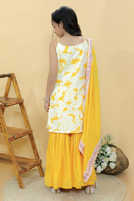 Shop Kalp Yellow Cotton, Georgette, Lurex Glimmer Tie Dye Pattern Kurta Sharara Set at Aza Fashions Shop_Kalp_Yellow Cotton, Georgette, Lurex Glimmer Tie Dye Pattern Kurta Sharara Set _at_Aza_Fashions