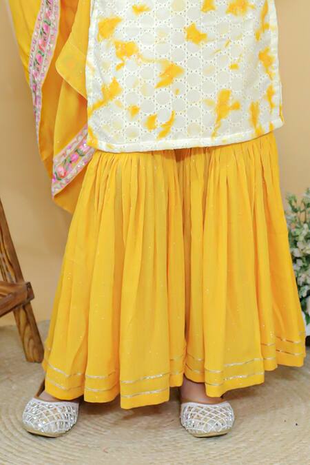 Buy Kalp Yellow Cotton, Georgette, Lurex Glimmer Tie Dye Pattern Kurta Sharara Set Online at Aza Fashions Buy_Kalp_Yellow Cotton, Georgette, Lurex Glimmer Tie Dye Pattern Kurta Sharara Set _Online_at_Aza_Fashions