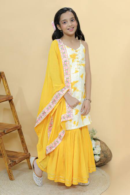 Shop Kalp Yellow Cotton, Georgette, Lurex Glimmer Tie Dye Pattern Kurta Sharara Set Online at Aza Fashions Shop_Kalp_Yellow Cotton, Georgette, Lurex Glimmer Tie Dye Pattern Kurta Sharara Set _Online_at_Aza_Fashions