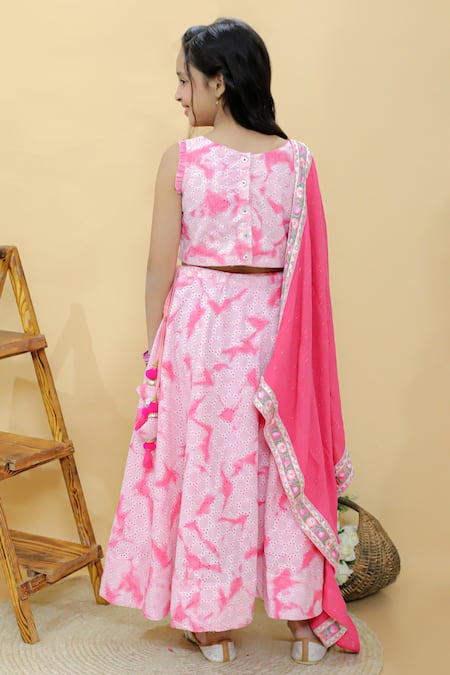 Shop Kalp Pink Cotton, Georgette Embroidery Ruby Ruffles Hakoba Lehenga Set at Aza Fashions Shop_Kalp_Pink Cotton, Georgette Embroidery Ruby Ruffles Hakoba Lehenga Set _at_Aza_Fashions