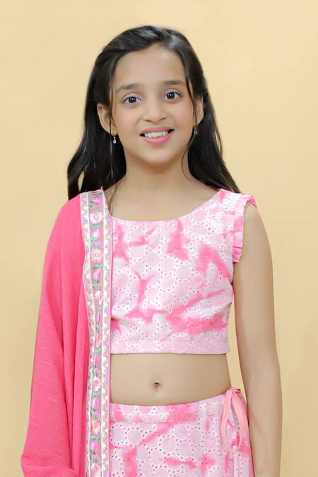 Shop Kalp Pink Cotton, Georgette Embroidery Ruby Ruffles Hakoba Lehenga Set Online at Aza Fashions Shop_Kalp_Pink Cotton, Georgette Embroidery Ruby Ruffles Hakoba Lehenga Set _Online_at_Aza_Fashions