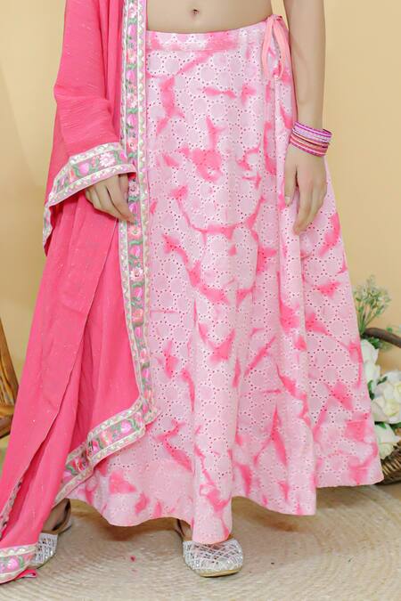 Kalp Pink Cotton, Georgette Embroidery Ruby Ruffles Hakoba Lehenga Set at Aza Fashions Kalp_Pink Cotton, Georgette Embroidery Ruby Ruffles Hakoba Lehenga Set _at_Aza_Fashions