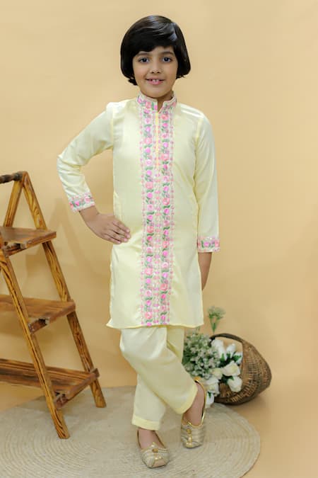 Kalp_Yellow Cotton Embroidery Dapper Dunes Kurta Set _Online_at_Aza_Fashions