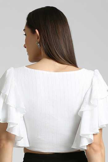 Shop Emblaze White Lurex Stripe Sweetheart Neck Ruffle Sleeve Top at Aza Fashions Shop_Emblaze_White Lurex Stripe Sweetheart Neck Ruffle Sleeve Top_at_Aza_Fashions