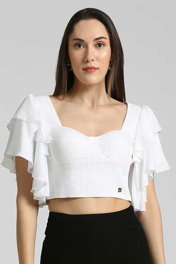 Emblaze White Lurex Stripe Sweetheart Neck Ruffle Sleeve Top Online at Aza Fashions Emblaze_White Lurex Stripe Sweetheart Neck Ruffle Sleeve Top_Online_at_Aza_Fashions