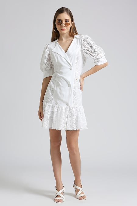 Emblaze White Cotton Embellished Lace Lapel Collar Dress