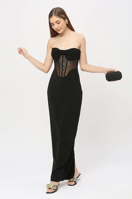 Emblaze_Black Viscose Sweetheart Neck Corset Gown _at_Aza_Fashions