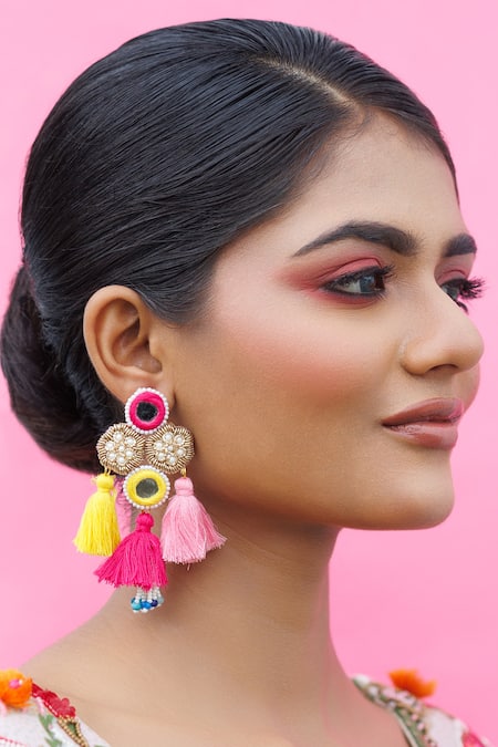 Kanyaadhan By DhirajAayushi Pink Thread Cotton-candy Dabka Embroidered Tassel Earrings