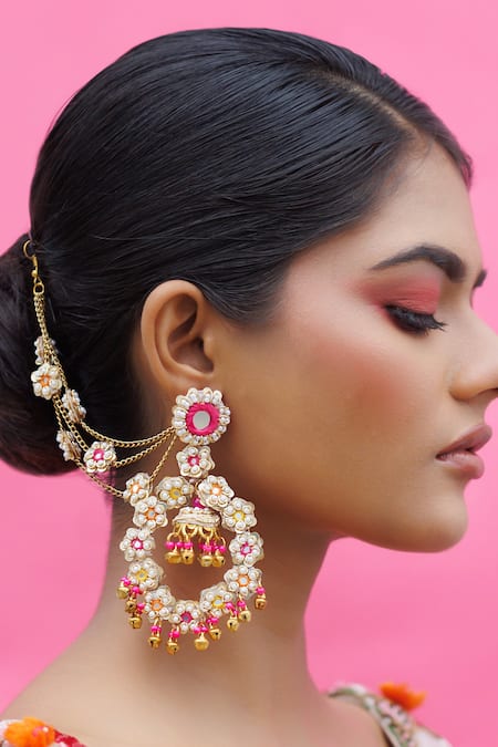 Kanyaadhan By DhirajAayushi Pink Thread Blossom Bliss Tikki Embroidered Earrings